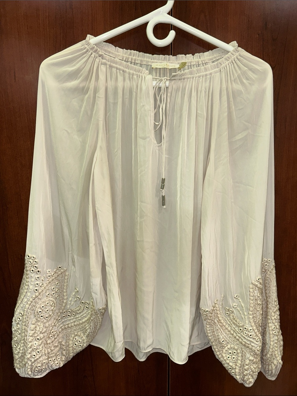 Ramy Brook Light Cream sz M 100% polyester silky embellished peasant top AS IS